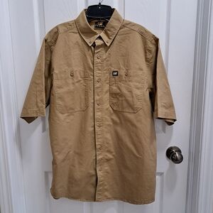 CAT Caterpillar Men's Shirt Short Sleeved Tan Brown Size Medium Cotton Casual